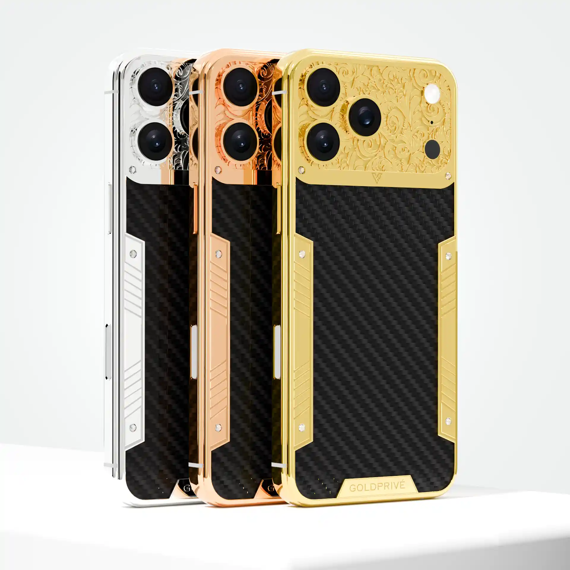 Rear view of the GoldPrivé Carbon Royal Elite gold-plated iPhone 18 Pro Max with Flora carbon fiber motif