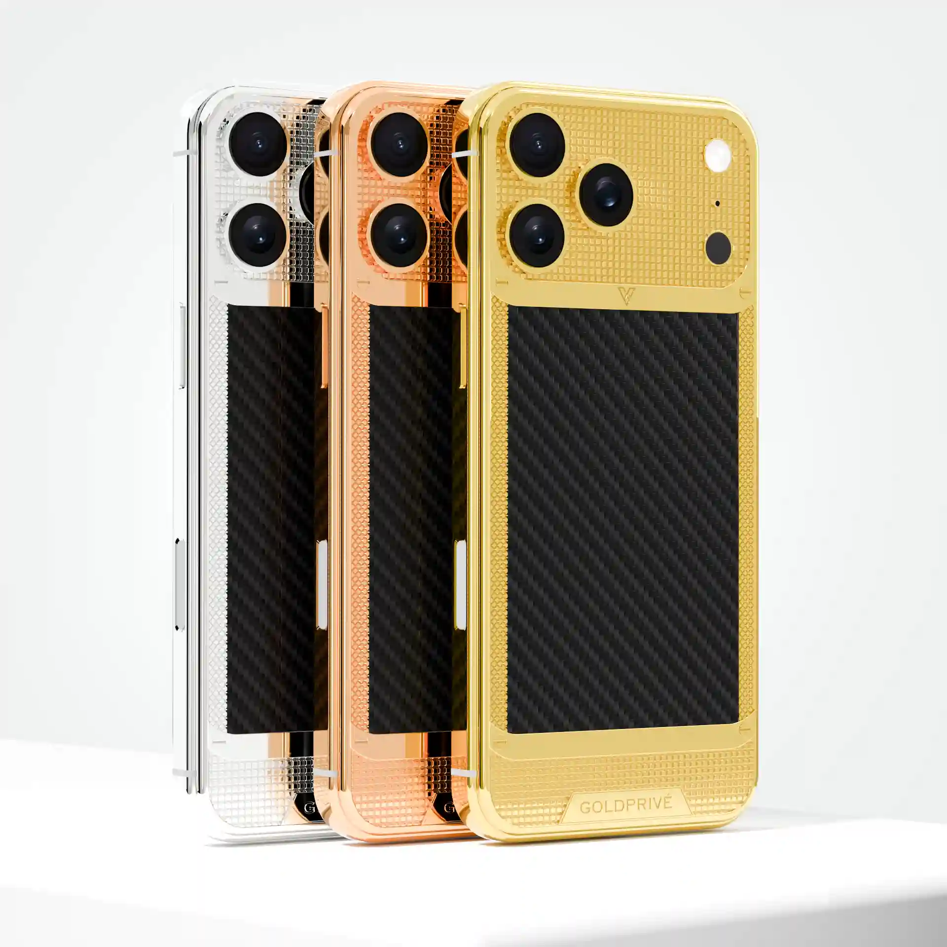 GoldPrivé Carbon Victory gold iPhone 18 Pro Max, front and rear view
