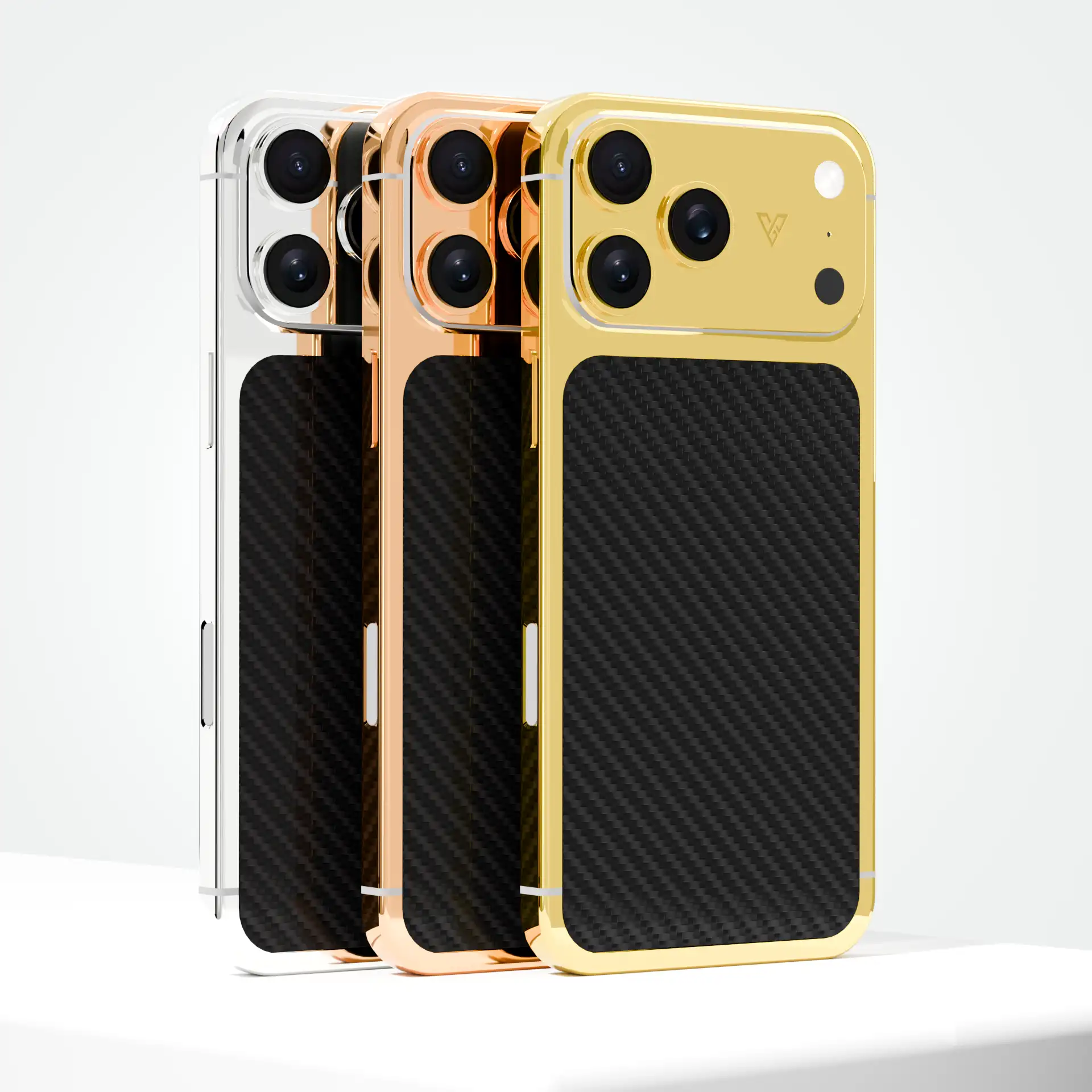 GoldPrivé Carbon Gold iPhone 18 Pro Max, front and rear view